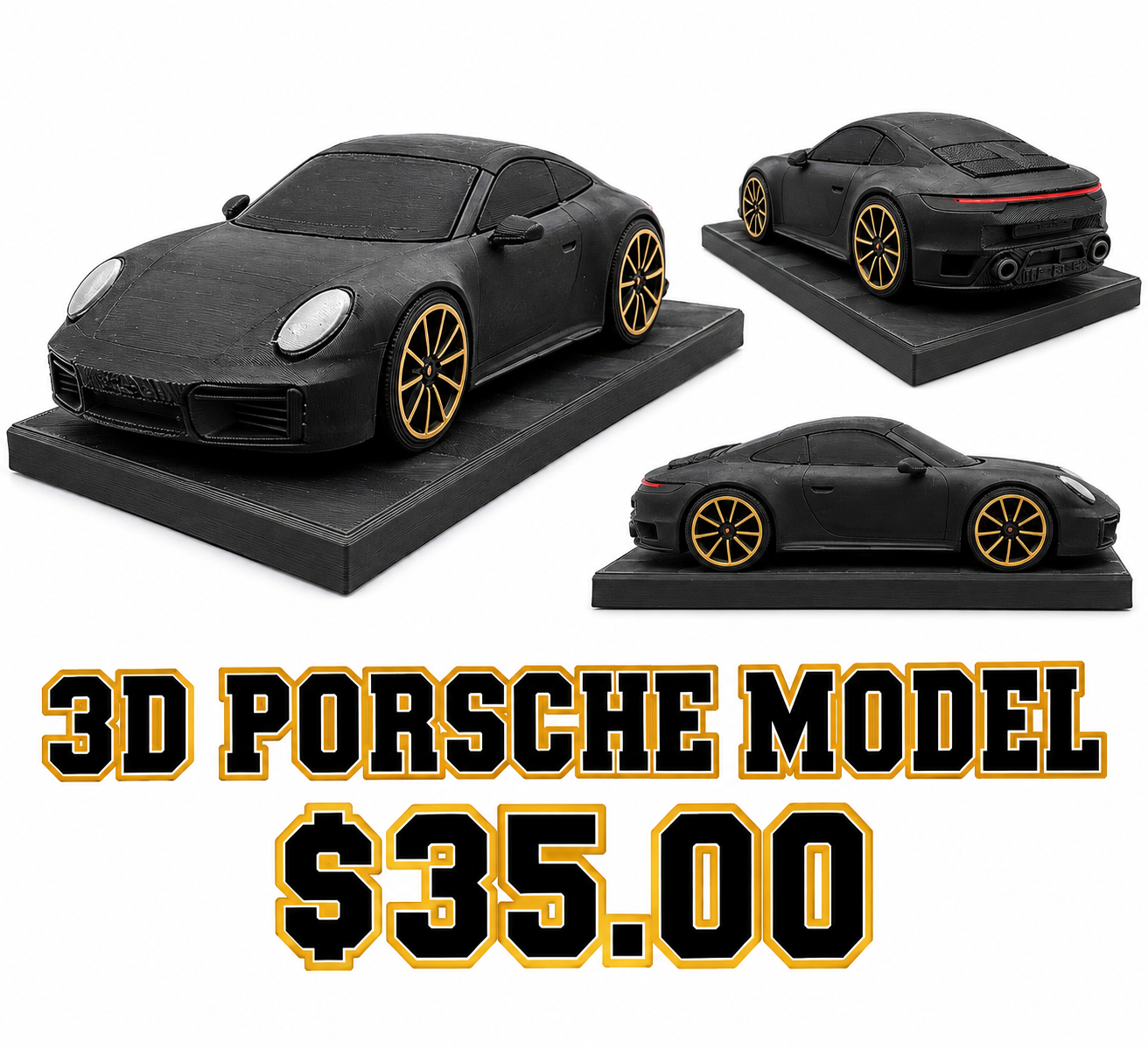 Autos category preview featuring a black 3D printed Porsche model