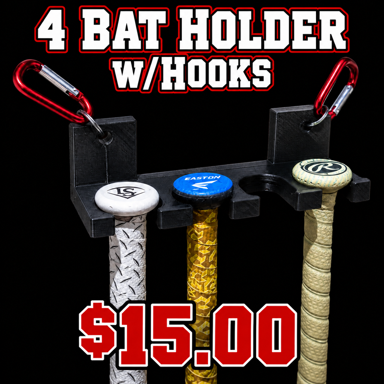 Black four-bat holder with red hanging hooks