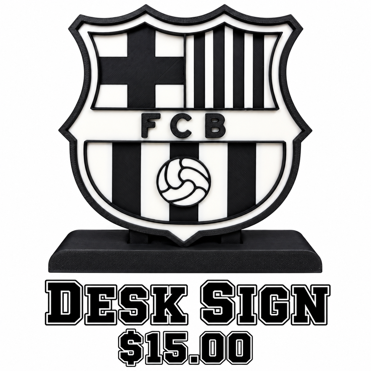 Black and white Barcelona Football Club crest desk sign