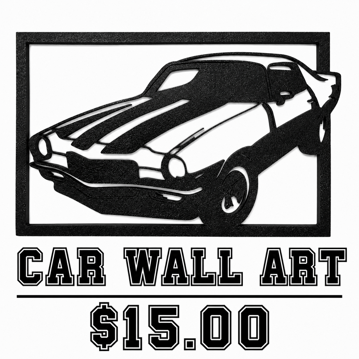 Black 3D printed sports car silhouette wall art in a rectangular frame