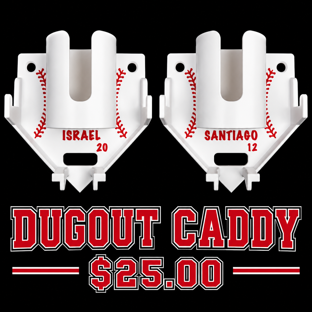 Two white custom dugout caddies with red baseball stitching, player names, and numbers