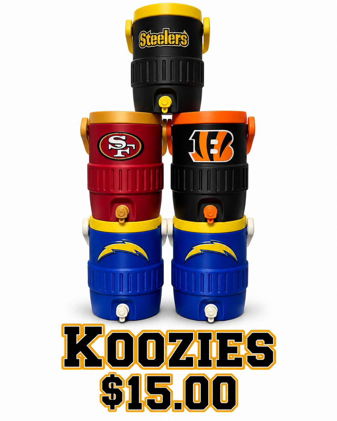 Custom team koozies with Steelers, 49ers, Bengals, and Chargers designs