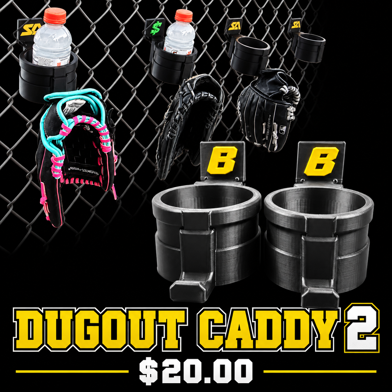 Dugout Caddy 2 fence-mounted bottle and glove holders with personalized lettering
