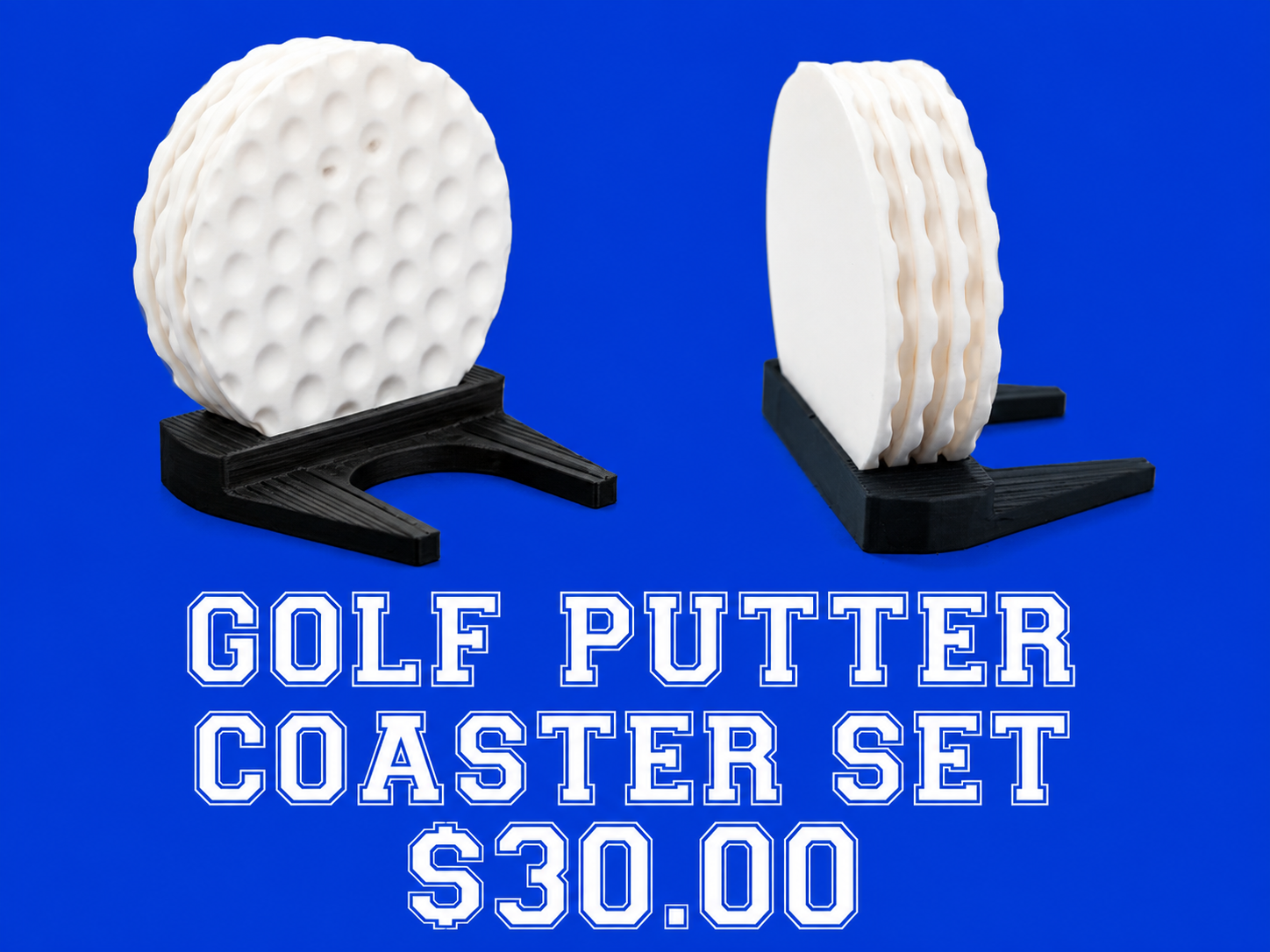 Golf putter holder with four golf ball coasters