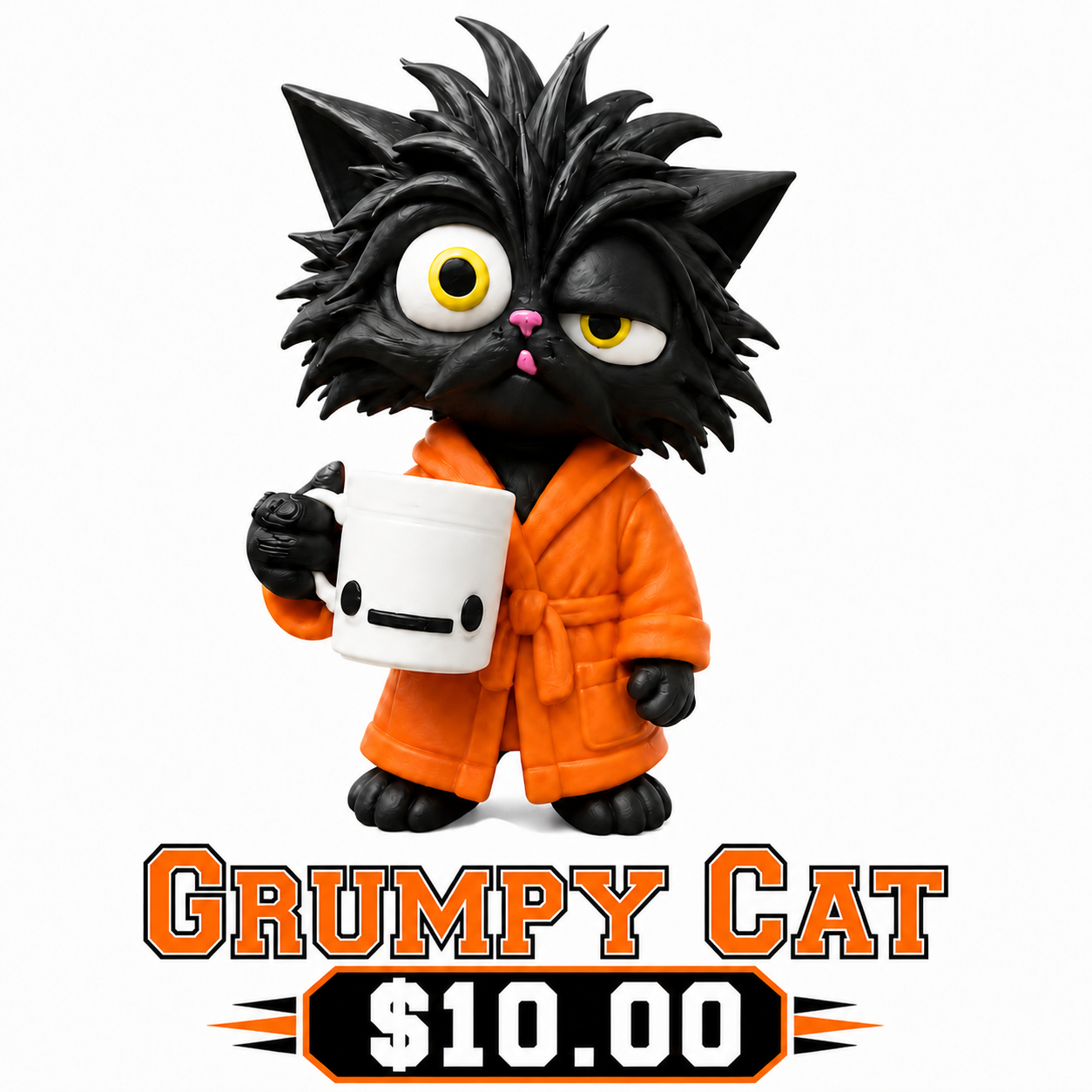 Grump Morning Cat with a black body and orange robe