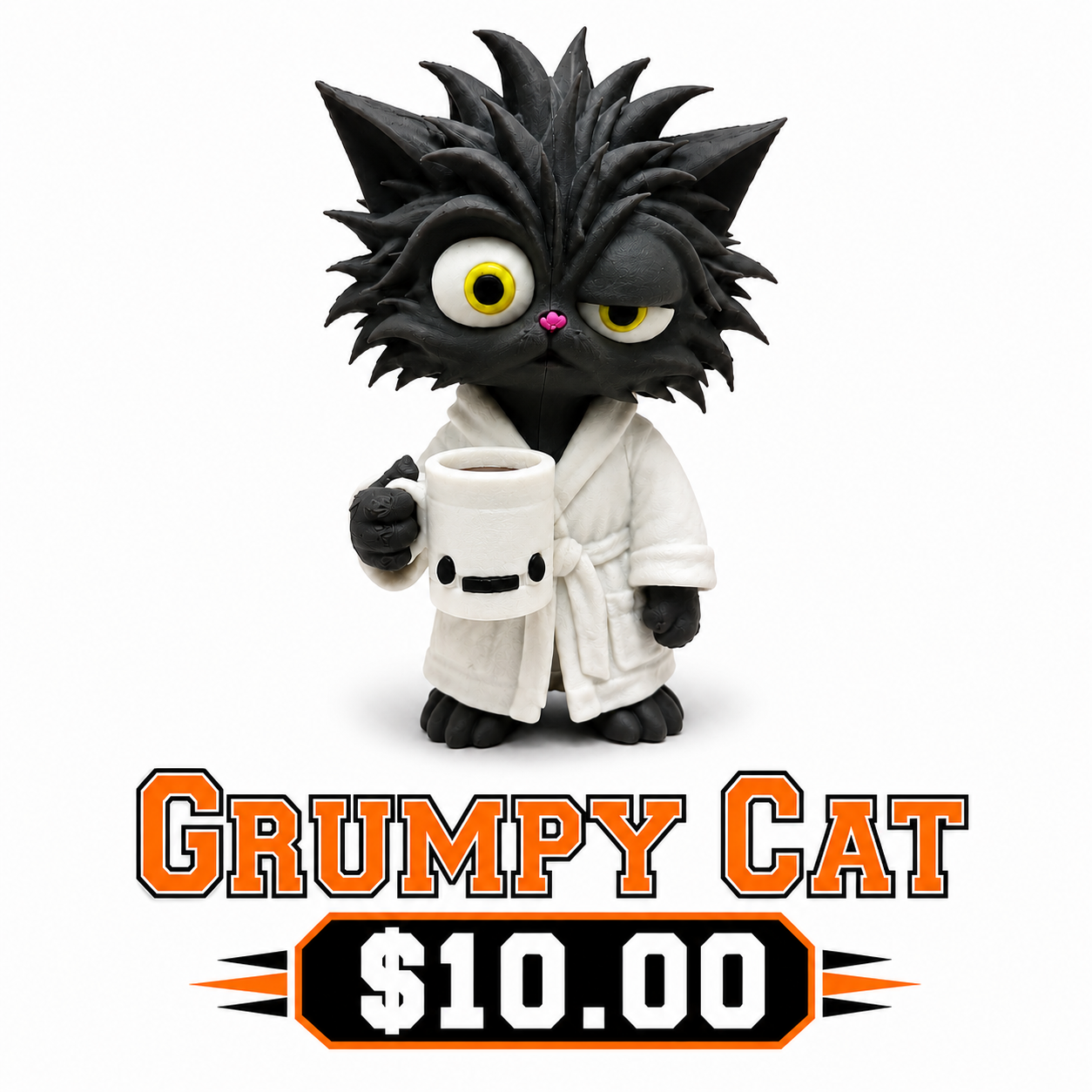 Grump Morning Cat with a grey body and white robe