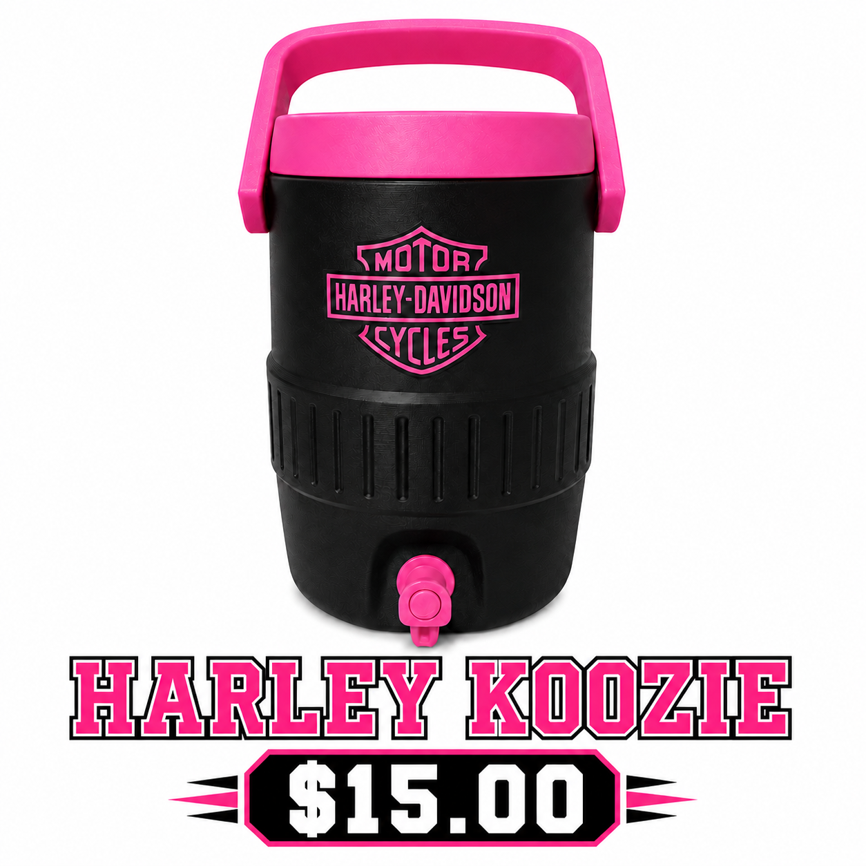 Black and pink Harley Davidson koozie
