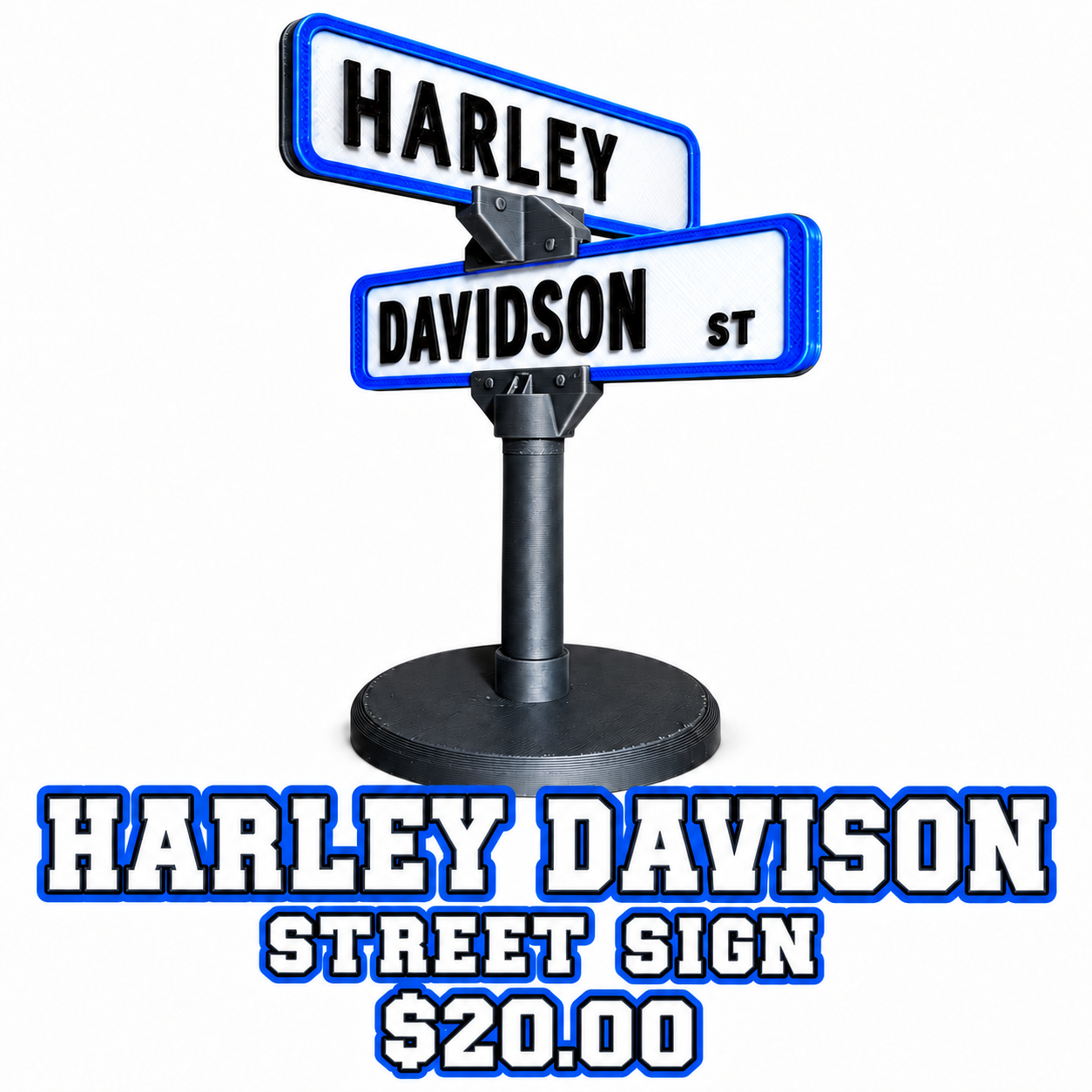 Harley Davidson custom street sign with blue, white, black, and grey colors