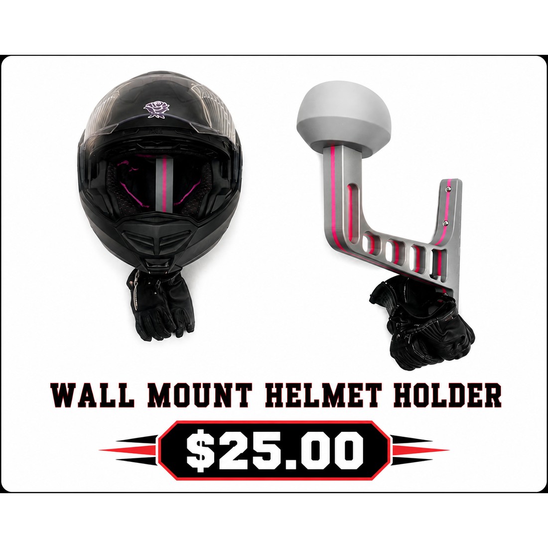 Pink and grey wall mounted helmet holder