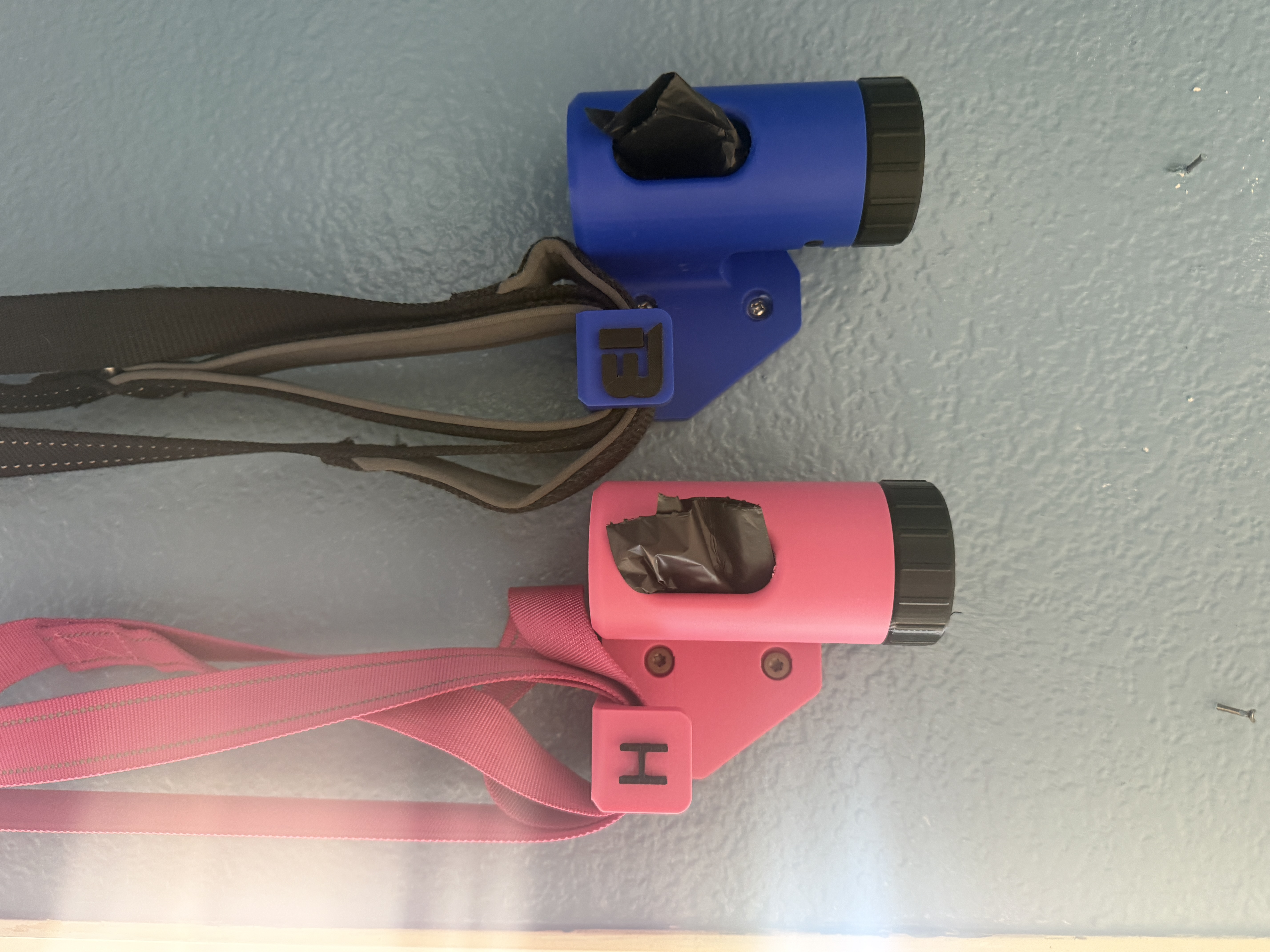 Custom blue and pink leash and poop bag holders