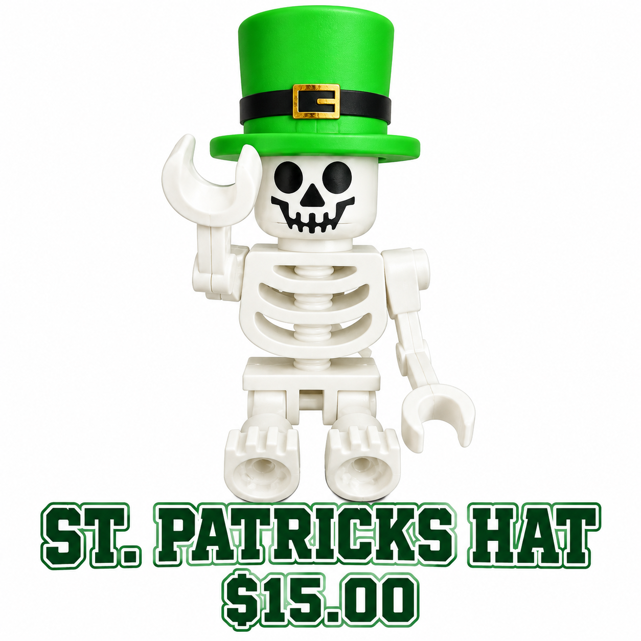 Lego Skeleton wearing a green St. Patricks Day hat