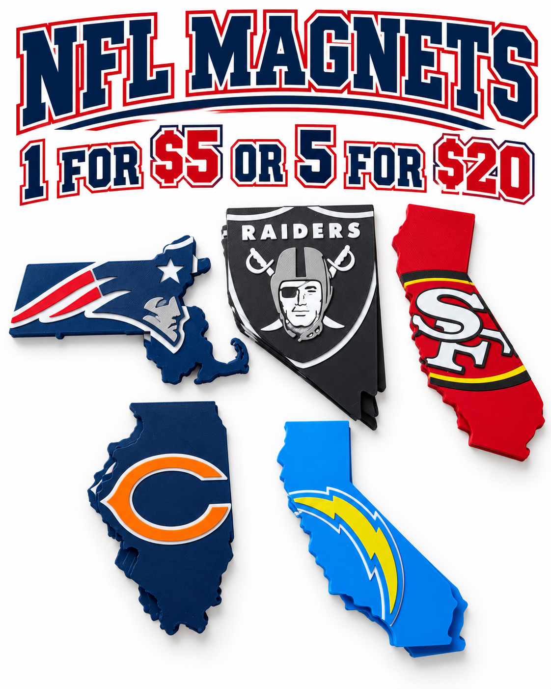 NFL Team Magnets featuring Patriots, Raiders, 49ers, Bears, and Chargers designs