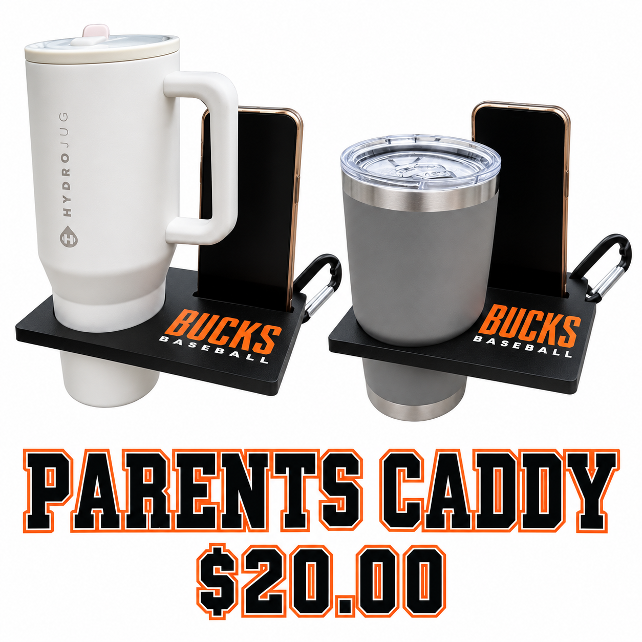 Parents Caddy drink and phone holders with custom orange and white names