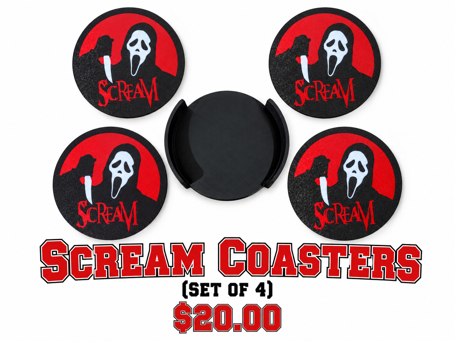 Scream Coaster Set with four red, black, and white coasters and a black holder