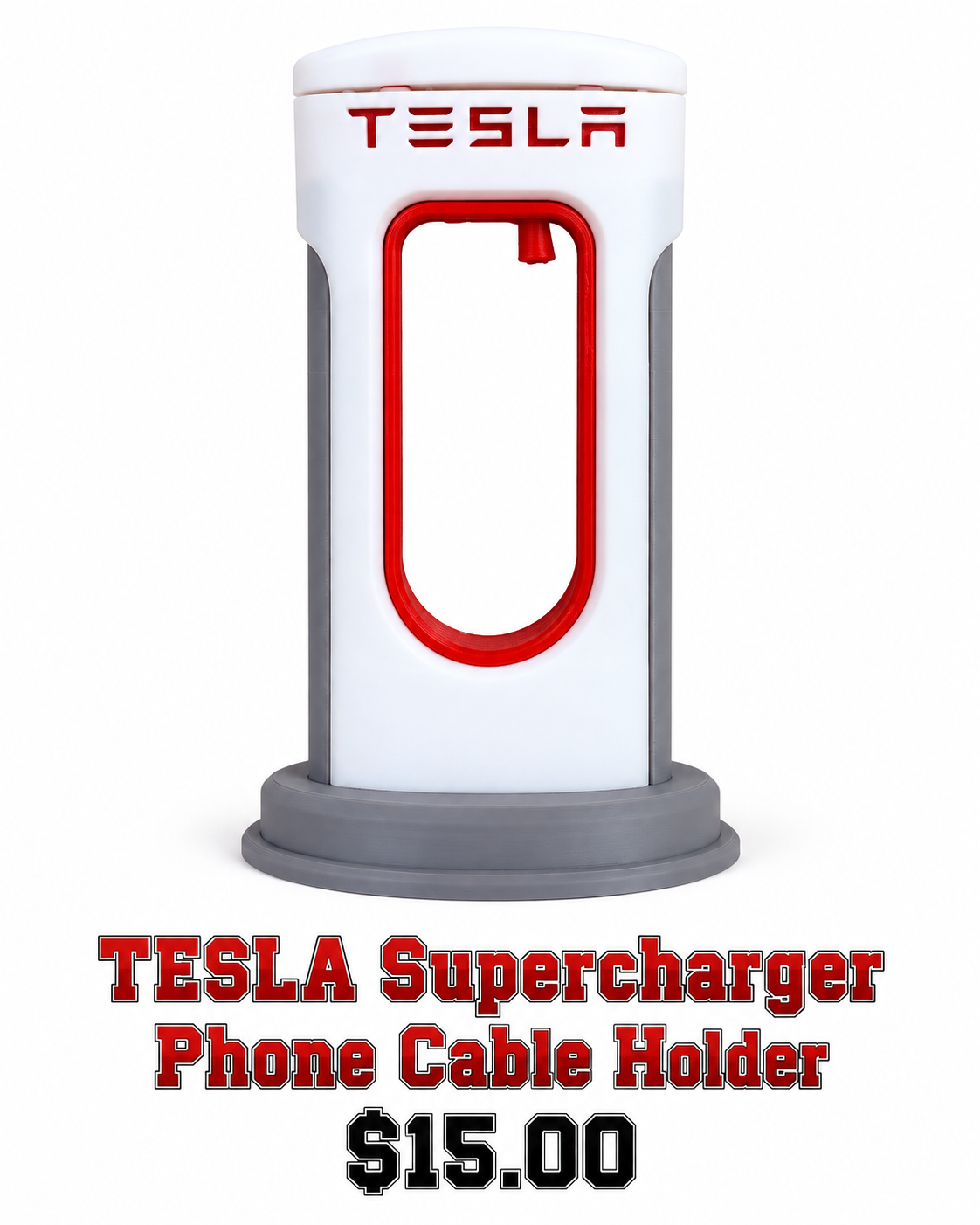 White, red, and grey Tesla Supercharger-style phone charger cable holder