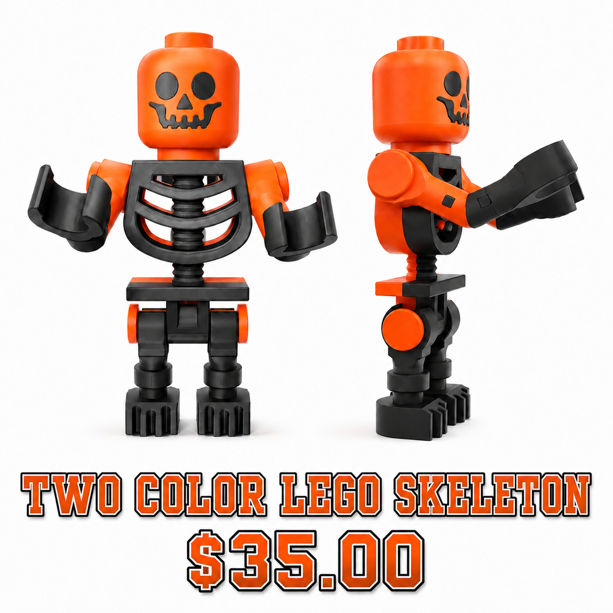 Orange and black two-color Lego-style skeleton figurine